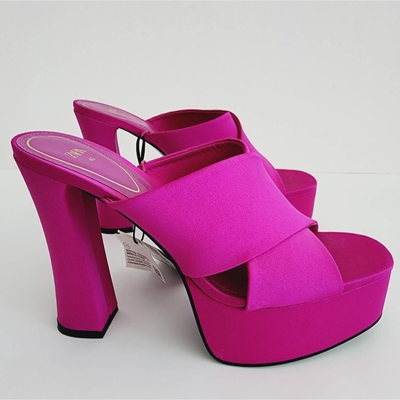 Zara Fuchsia Pink Satin Effect Platform Sandals Heels Size 8 - Picture 1 of 6